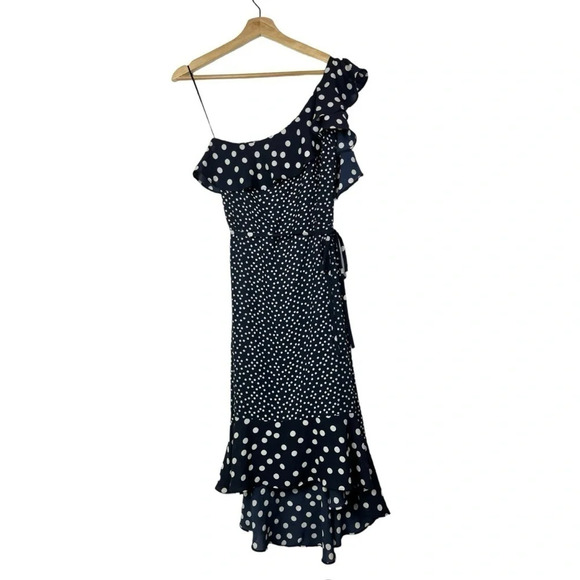 A New Day Navy Blue & White Polka Dot Ruffle One Shoulder Midi Dress XS - Picture 3 of 6